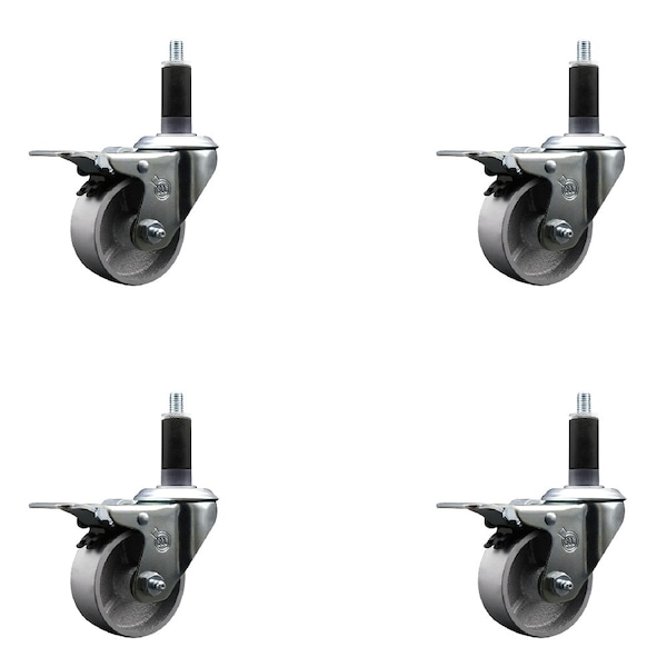 3'' Semi Steel Swivel 1-1/8'' Expanding Stem Caster Set Total Lock Brake, 4PK